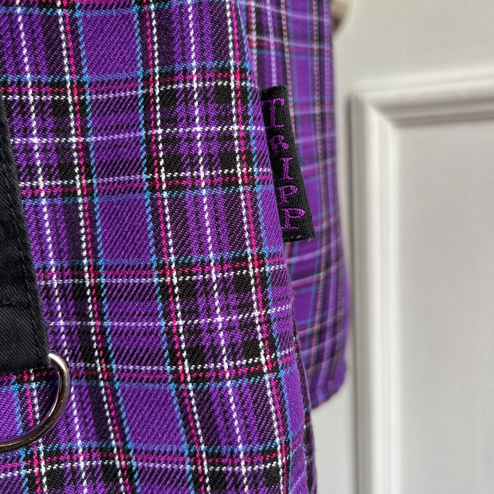 Y2K Vintage TRIPP Micro Mini Skirt Purple Plaid Pleated Reversible Metal Size XS - Picture 5 of 11